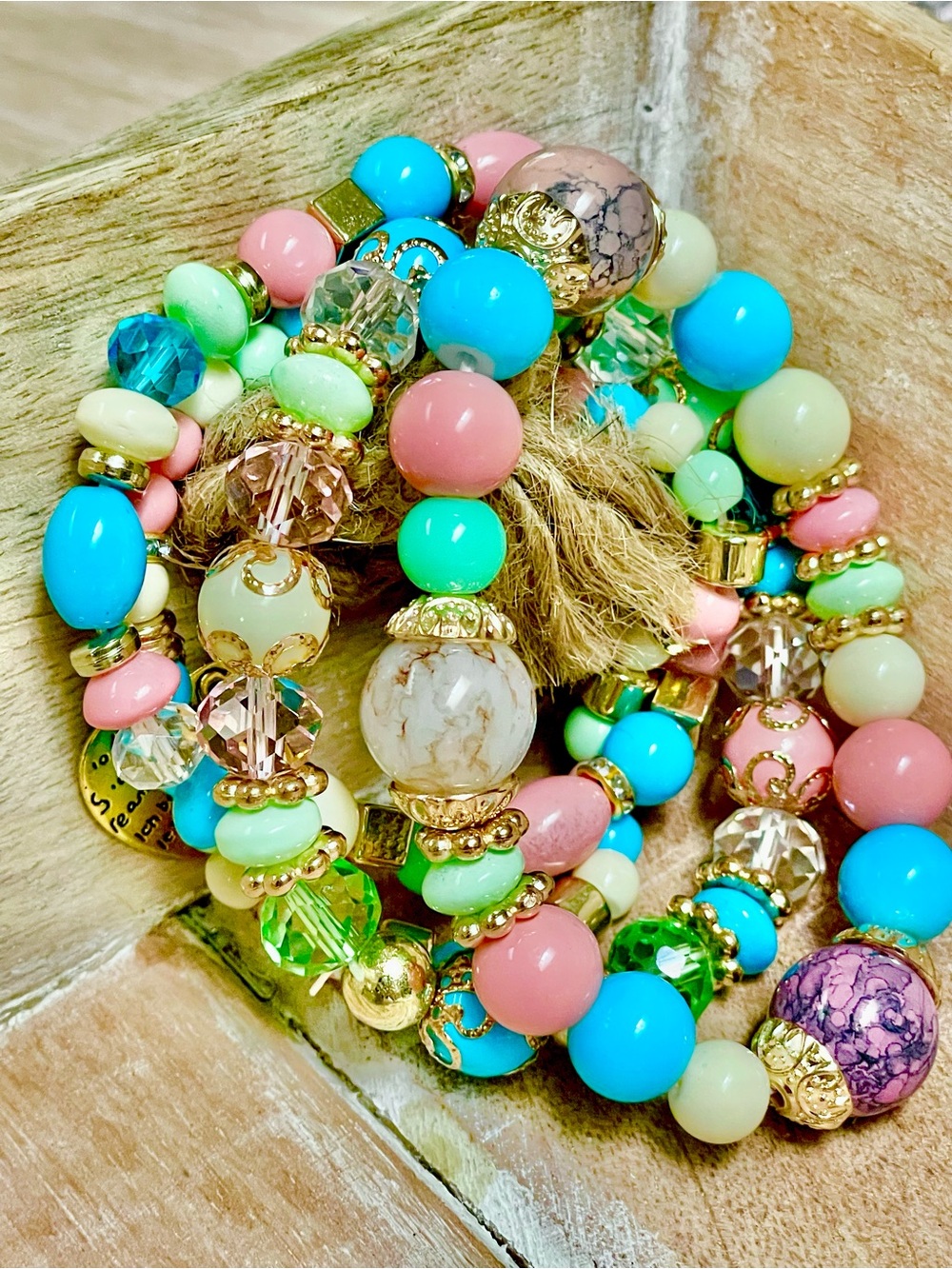 Multicolor Beaded Stretch Bracelet with Gold Accents - Pink, Turquoise, Green